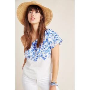 Maeve Anthropologie Athena One Shoulder Swiss Dot Floral Blouse